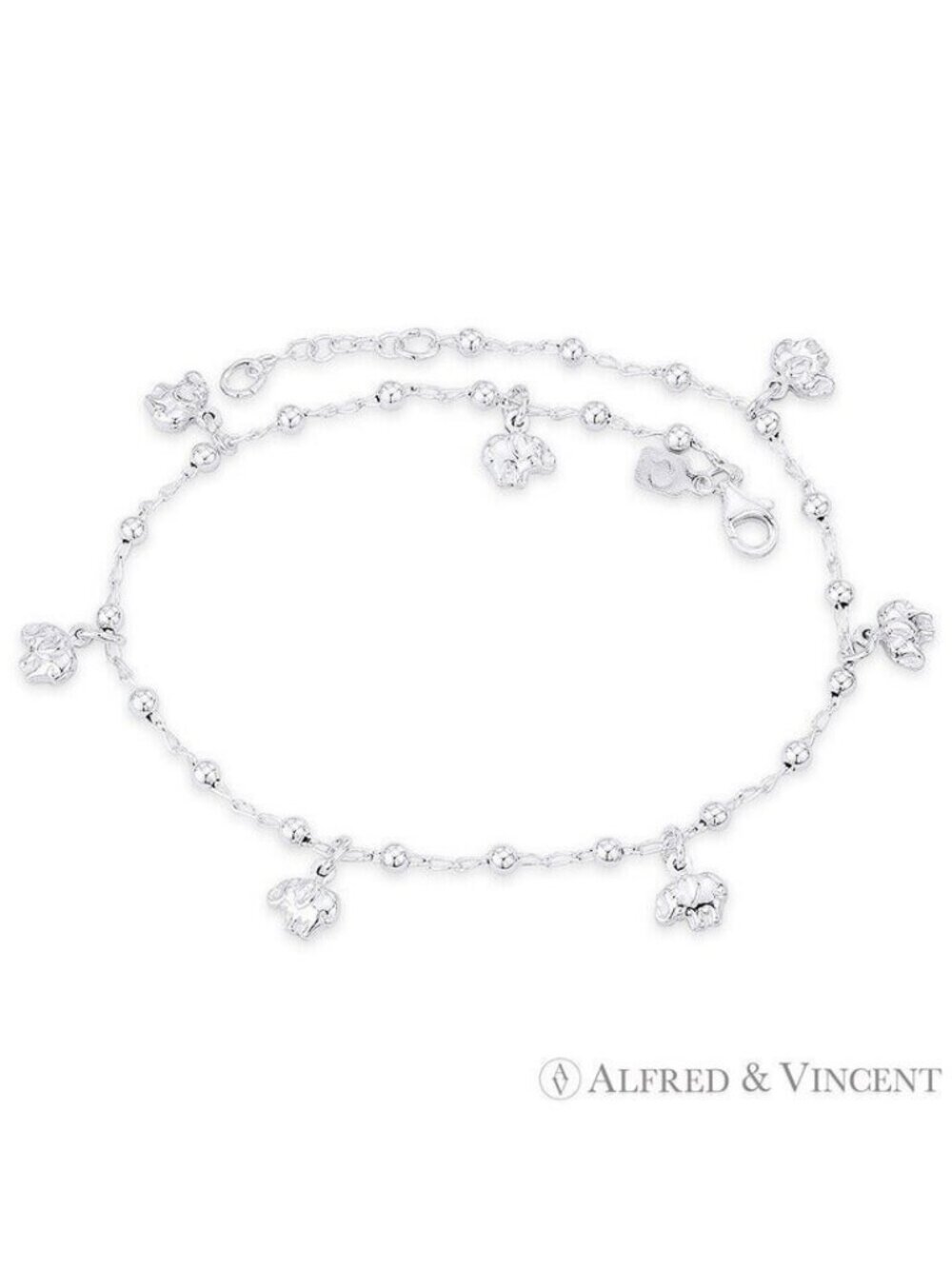 Elephant on Ball Bead & Twist Cable Chain Charm Anklet in .925 Sterling - 10"